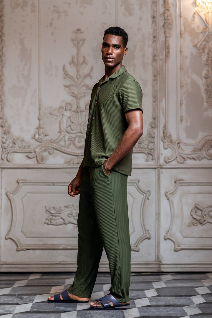 Del Mar Short Sleeve Vertical Stripe Pleated Shirt - Khaki