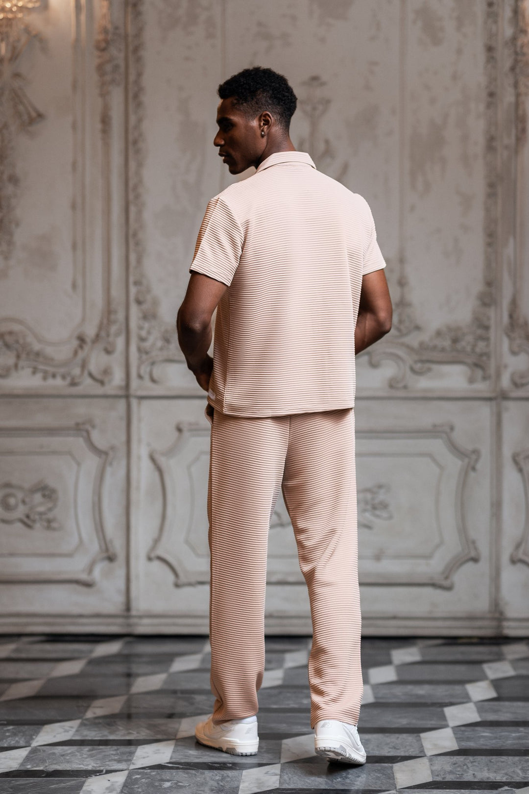 Del Mar Pleated Horizontal Stripe Trousers -  Nude