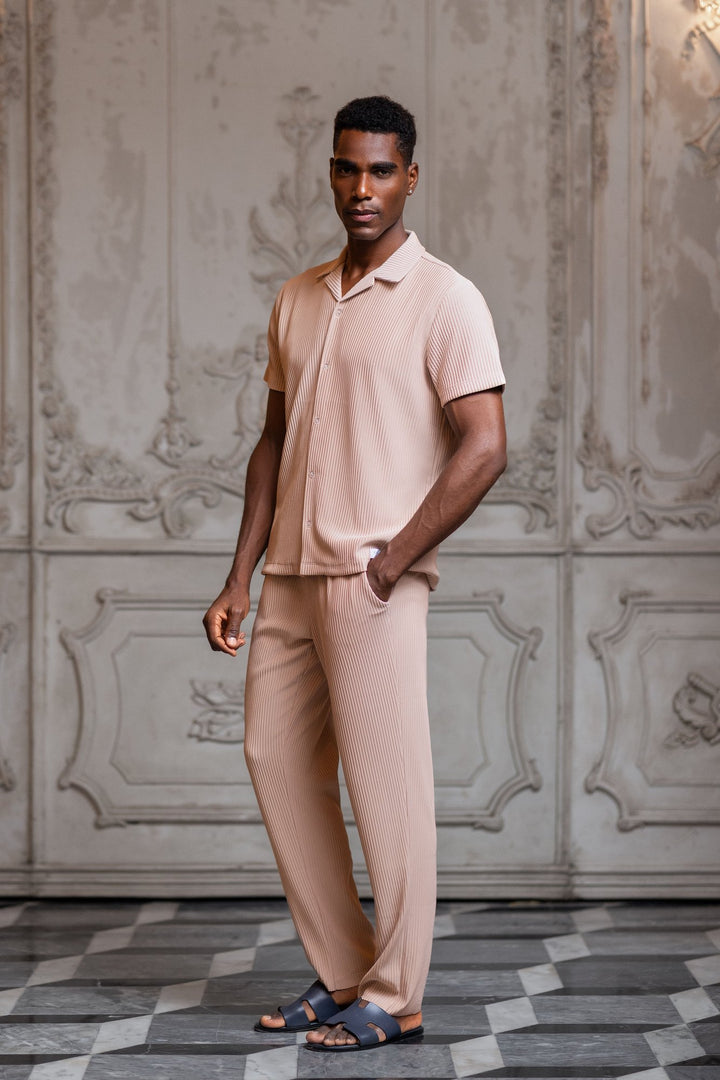 Del Mar Short Sleeve Vertical Stripe Pleated Shirt - Nude