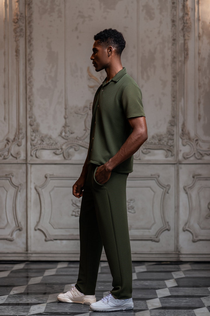 Del Mar Short Sleeve Horizontal Stripe Pleated Shirt - Khaki