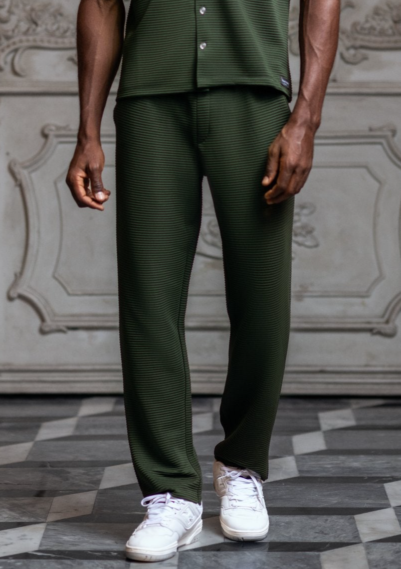 Del Mar Pleated Horizontal Stripe Trousers - Khaki