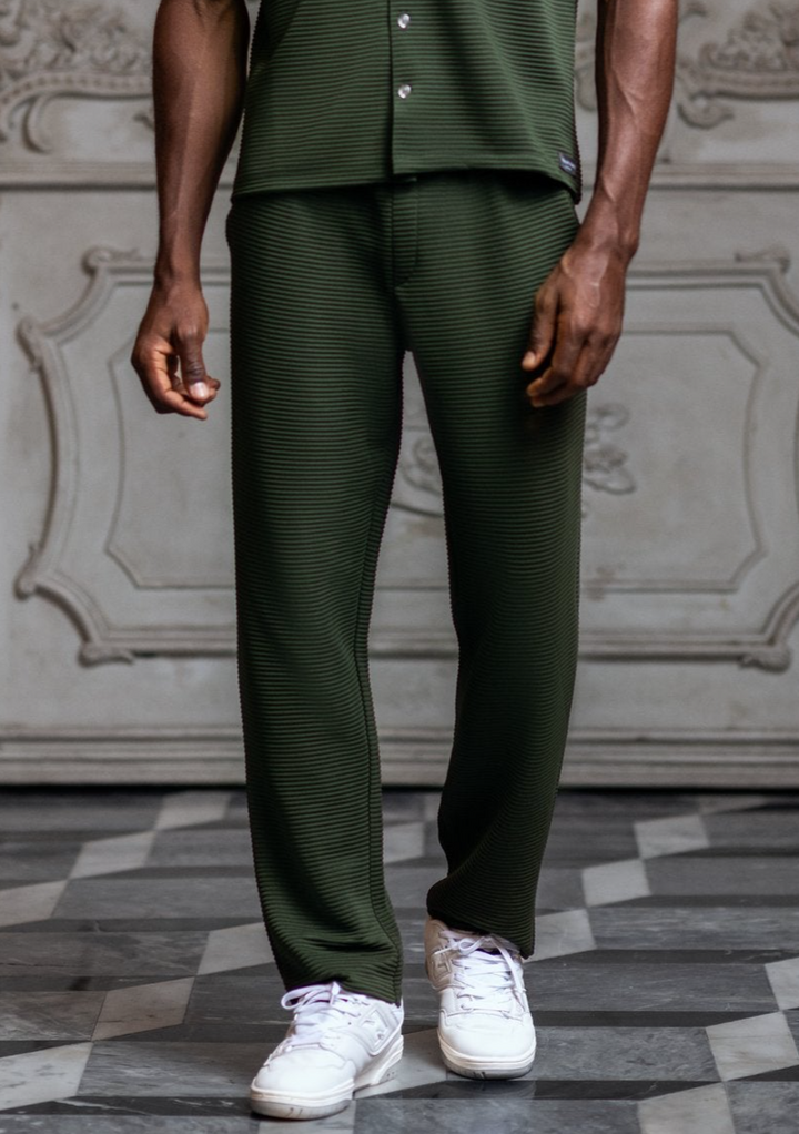 Del Mar Pleated Horizontal Stripe Trousers - Khaki