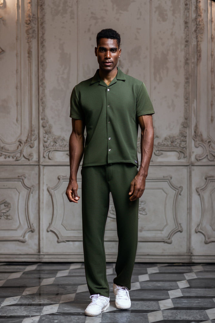 Del Mar Short Sleeve Horizontal Stripe Pleated Shirt - Khaki