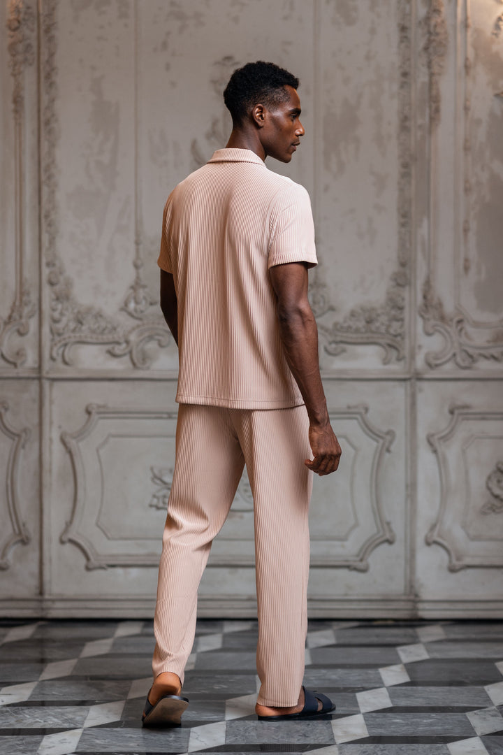 Del Mar Short Sleeve Vertical Stripe Pleated Shirt - Nude