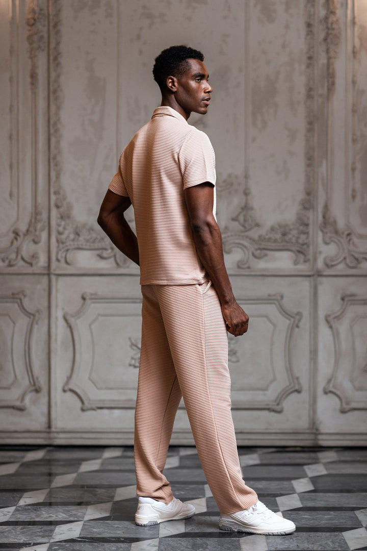 Del Mar Short Sleeve Horizontal Stripe Pleated Shirt - Nude