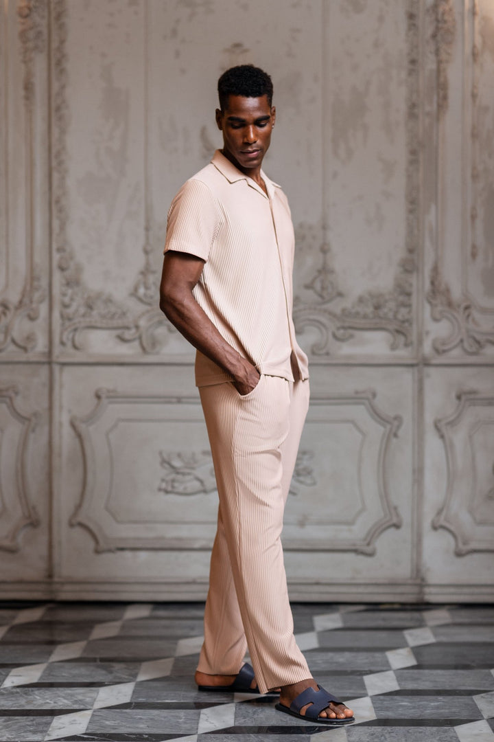 Del Mar Short Sleeve Vertical Stripe Pleated Shirt - Nude