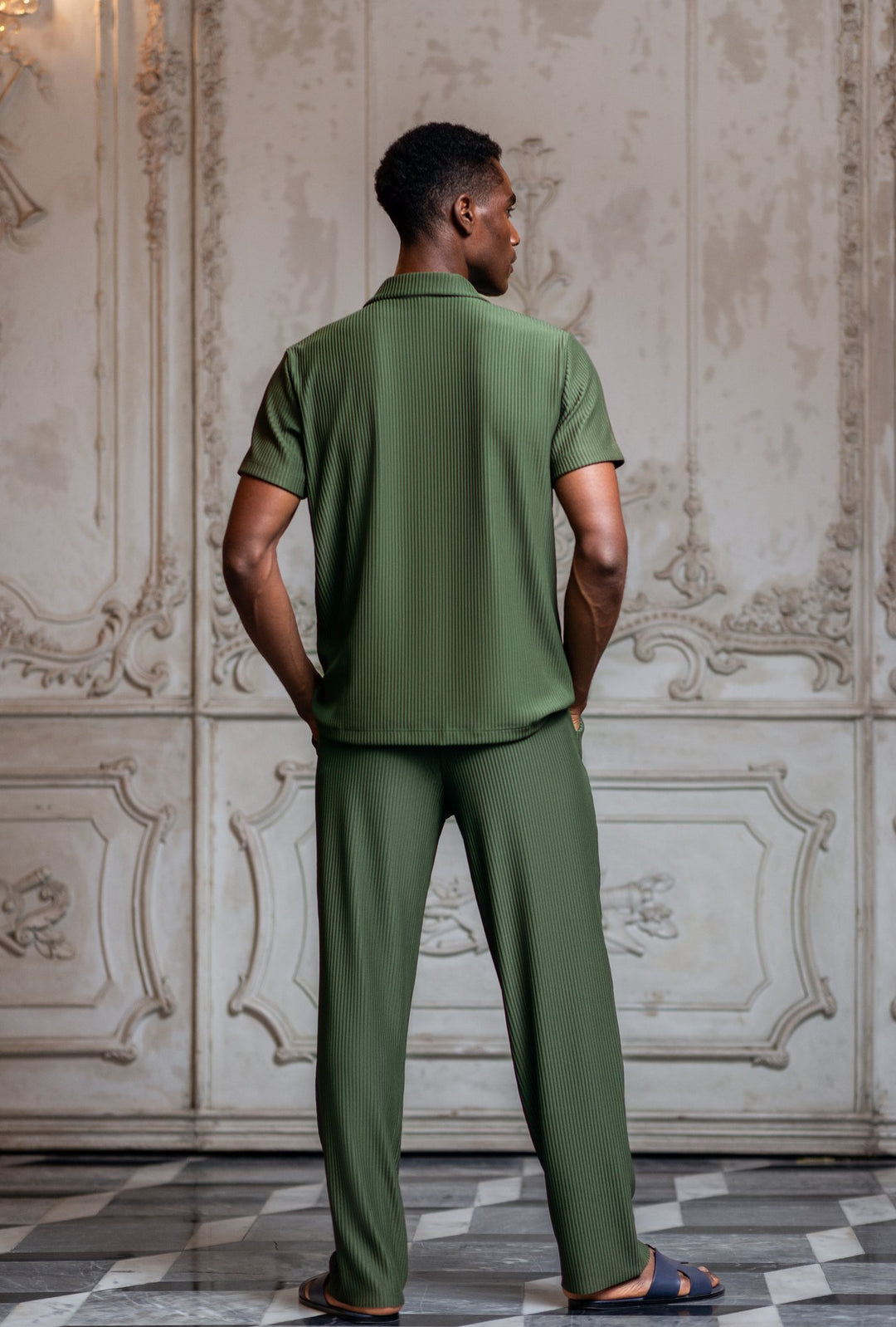 Del Mar Pleated Vertical Stripe Trousers - Khaki