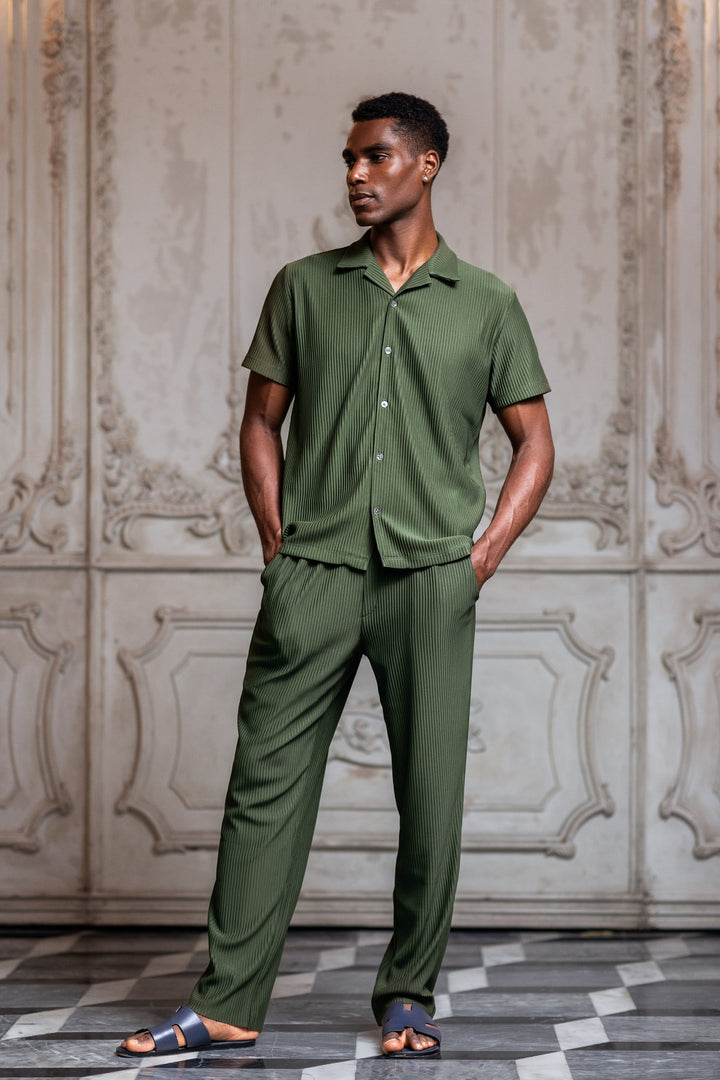 Del Mar Pleated Vertical Stripe Trousers - Khaki