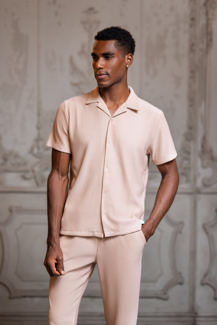 Del Mar Short Sleeve Vertical Stripe Pleated Shirt - Nude